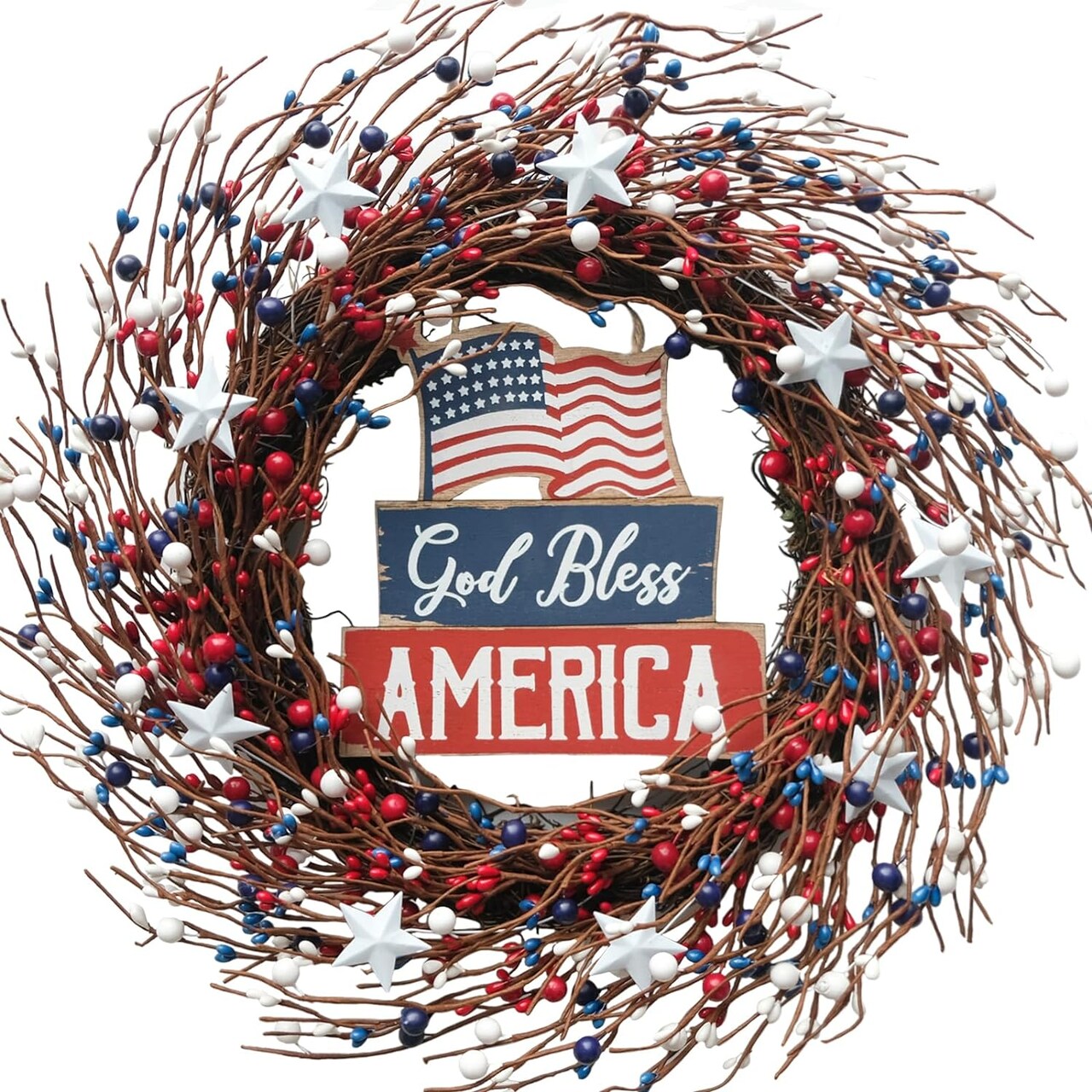Patriotic 18-Inch Red, White, and Blue Berry Wreath with Americana Flag for 4th of July, Memorial Day, and Veterans Day